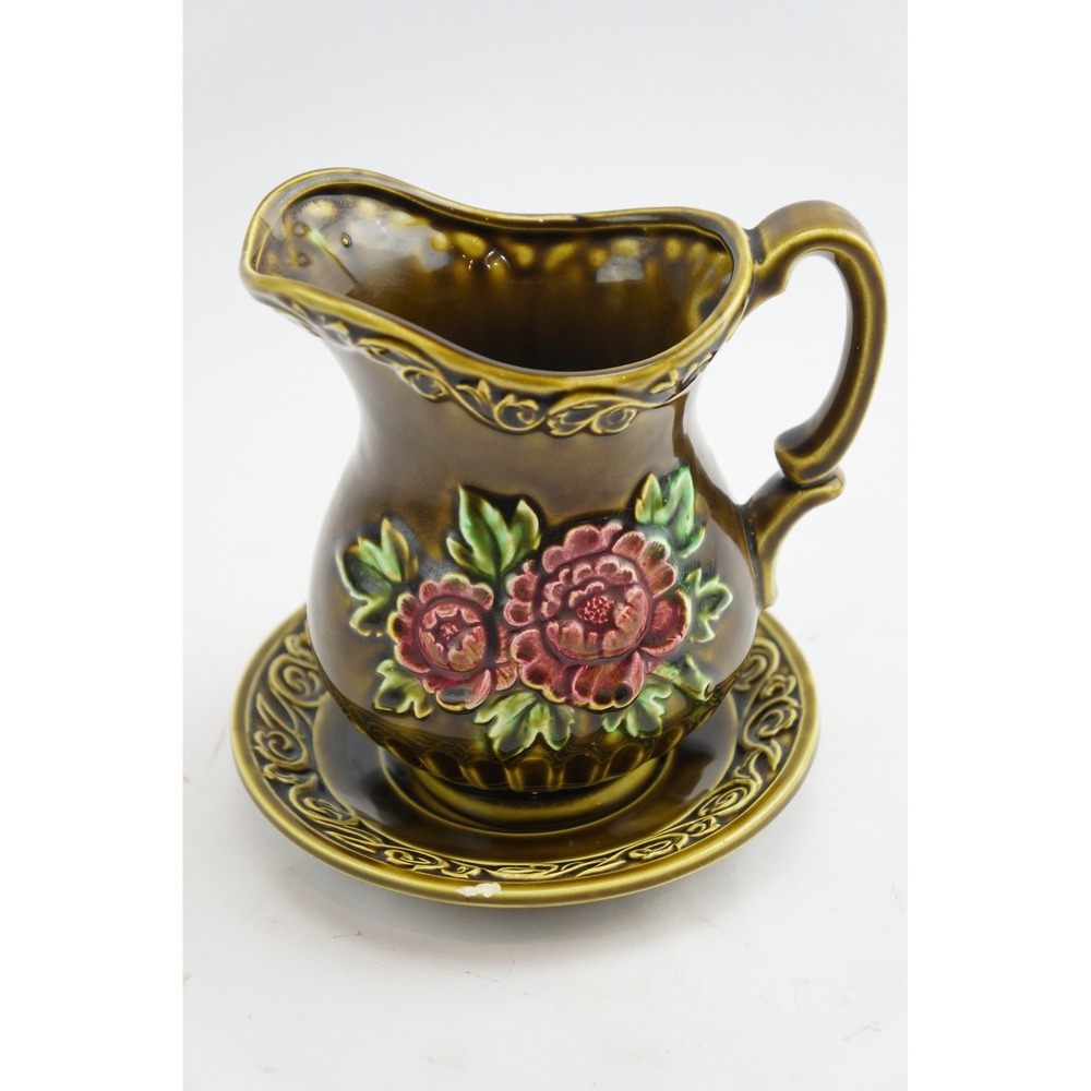 Enesco MCM Pitcher + Basin Bowl Set Brown Floral Embossed Japan Good